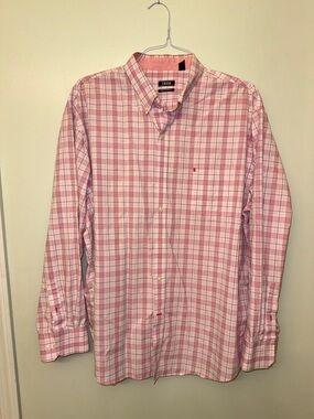 Izod Men's Pink and White Plaid Button-Down Shirt